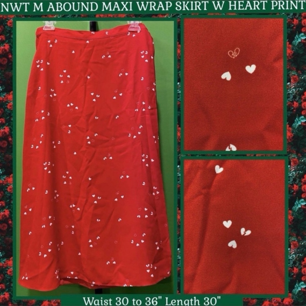 BRAND NEW NWT ABOUND M RED MAXI SKIRT FAUX WRAP PULL ON HEART HEARTBREAKER PRINT